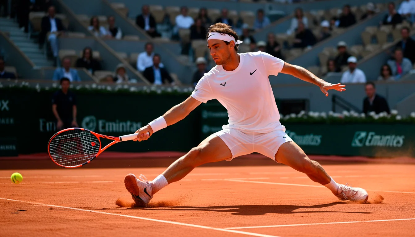 Tennisspieler auf einem Sandplatz bei einem Masters-Turnier mit vollen Tribünen im Hintergrund