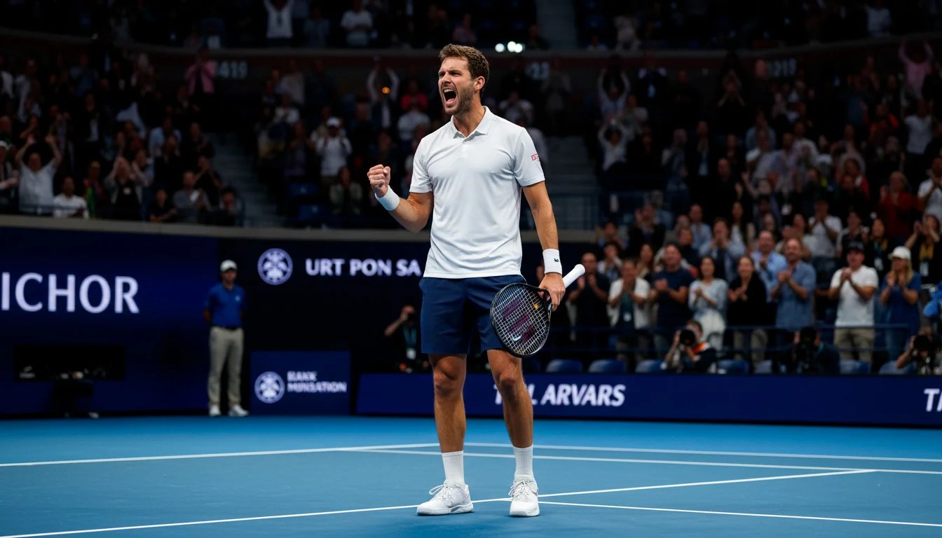 Tennisspieler feiert überraschend einen Sieg mit erhobener Faust auf einem Hartplatz