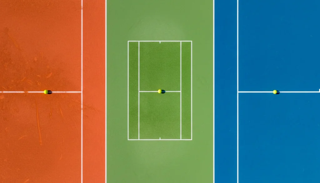 Drei verschiedene Tennisbeläge nebeneinander: roter Sand, grüner Rasen und blauer Hartplatz
