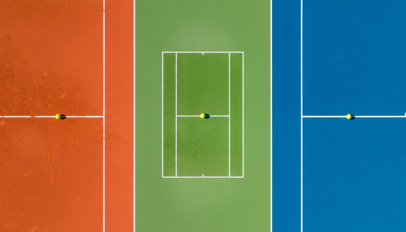Drei verschiedene Tennisbeläge nebeneinander: roter Sand, grüner Rasen und blauer Hartplatz