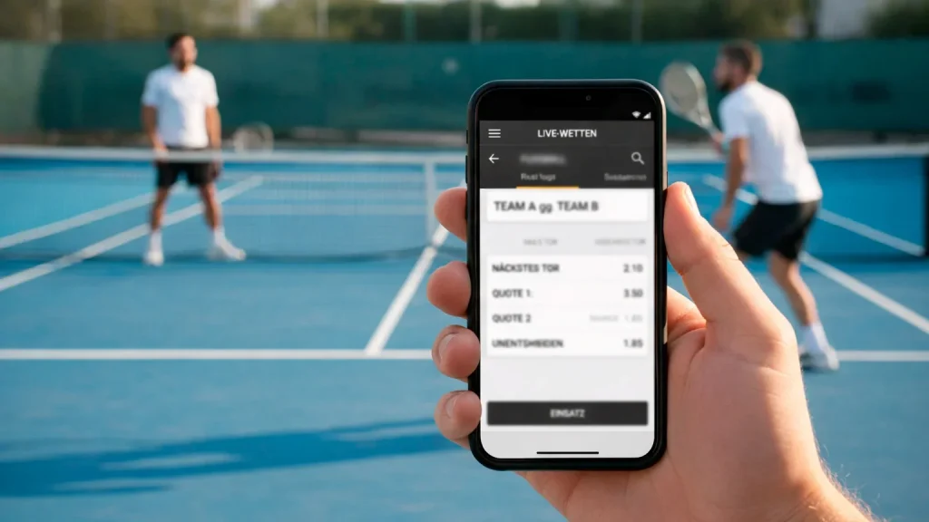 Hand hält ein Smartphone während im Hintergrund ein Tennismatch auf einem Platz läuft