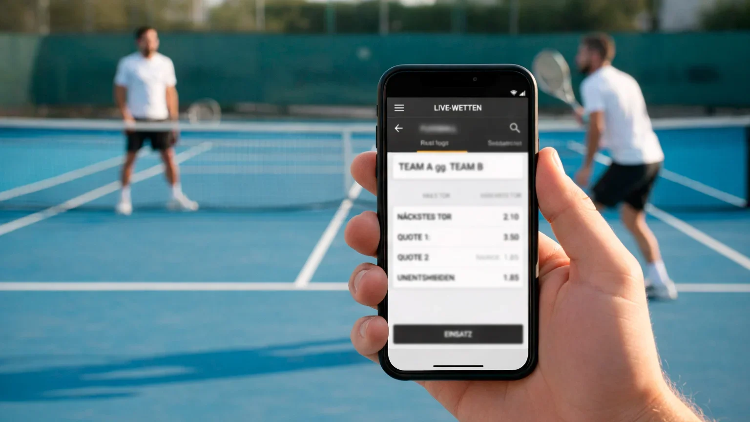 Hand hält ein Smartphone während im Hintergrund ein Tennismatch auf einem Platz läuft