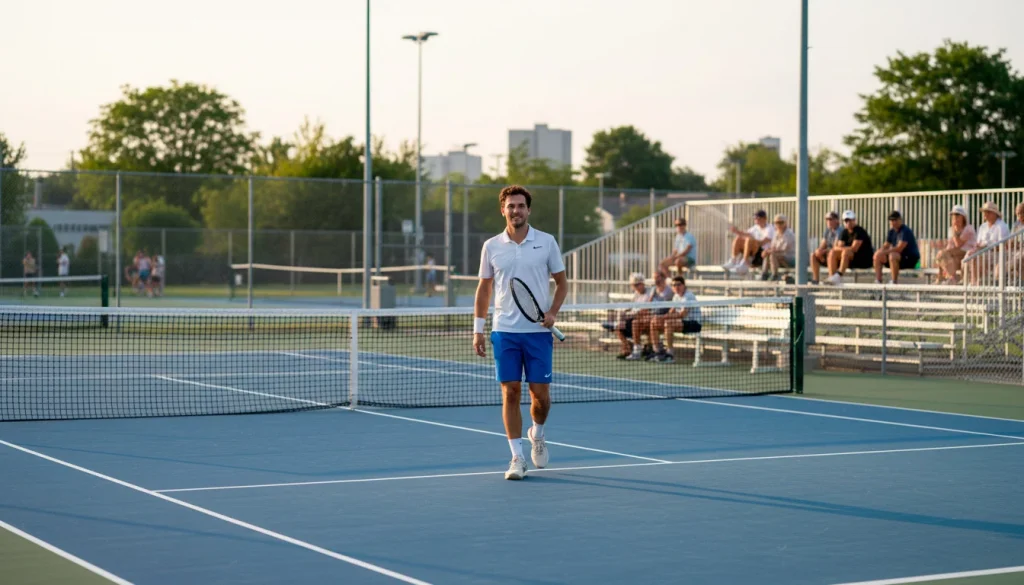 Kleiner Tennisplatz bei einem Challenger-Turnier mit wenigen Zuschauern und Spieler am Netz