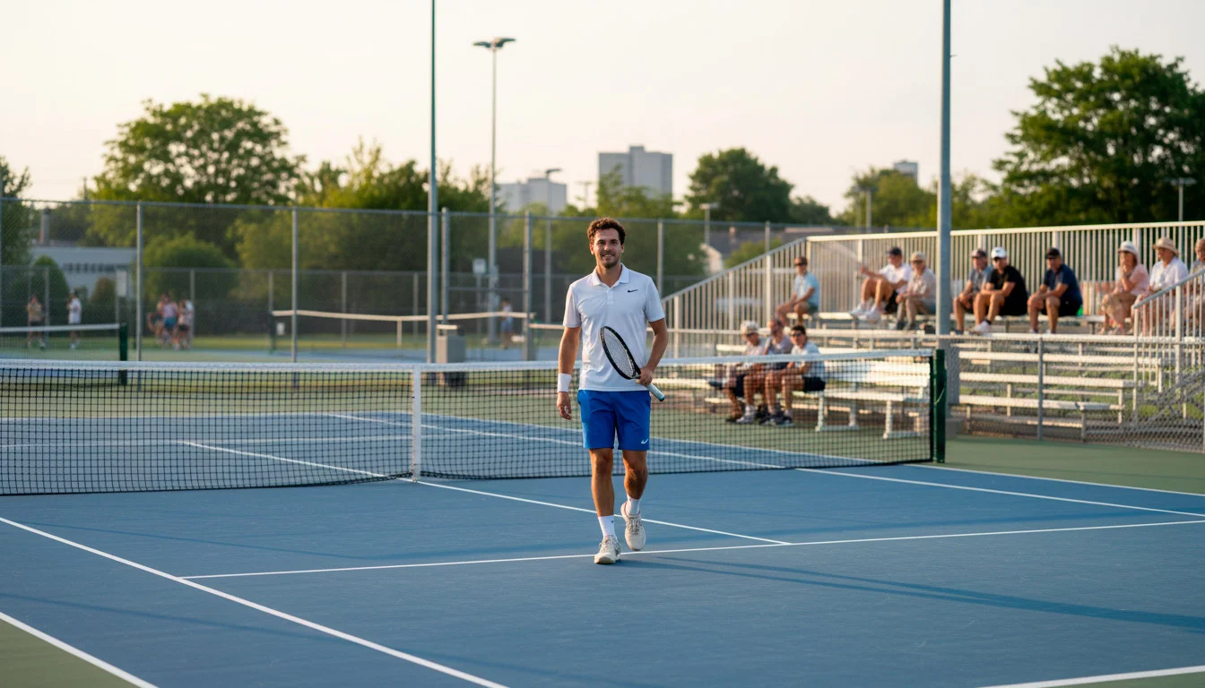 Kleiner Tennisplatz bei einem Challenger-Turnier mit wenigen Zuschauern und Spieler am Netz