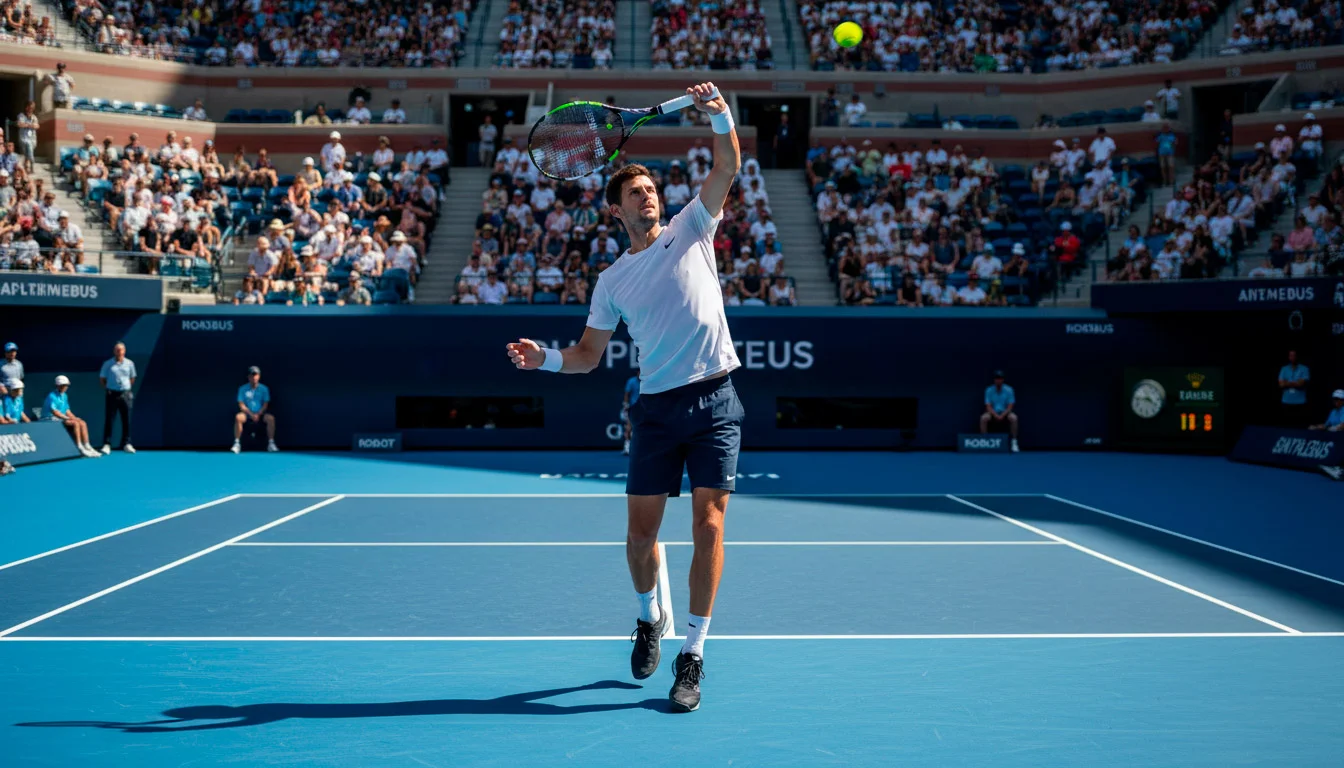 Tennisspieler beim souveränen Aufschlag in einem vollen Tennisstadion bei einem Grand-Slam-Turnier