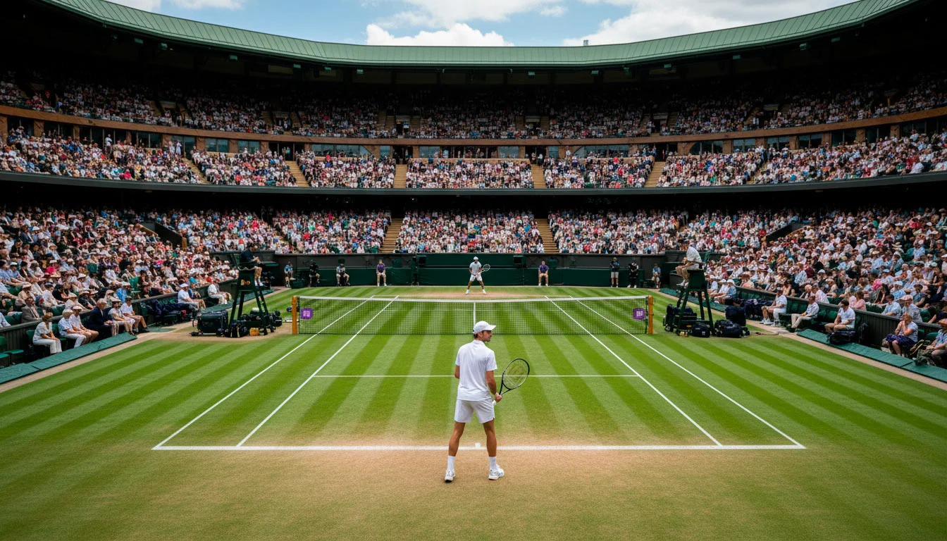 Blick auf einen vollen Centre Court bei einem Grand-Slam-Turnier mit Spieler beim Aufschlag