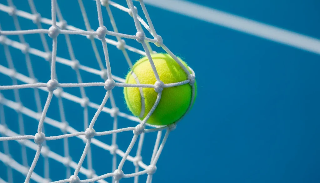 Tennisball liegt im Netz eines Tennisplatzes als Symbol für einen Fehler im Spiel