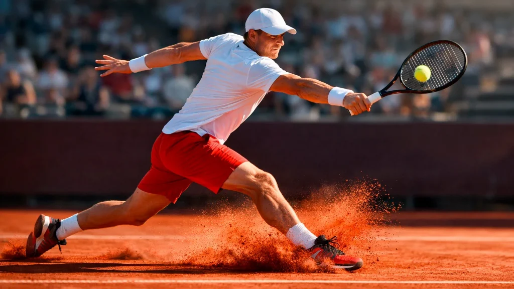 Tennisspieler beim kraftvollen Grundlinienschlag auf einem Sandplatz mit Staubwolke