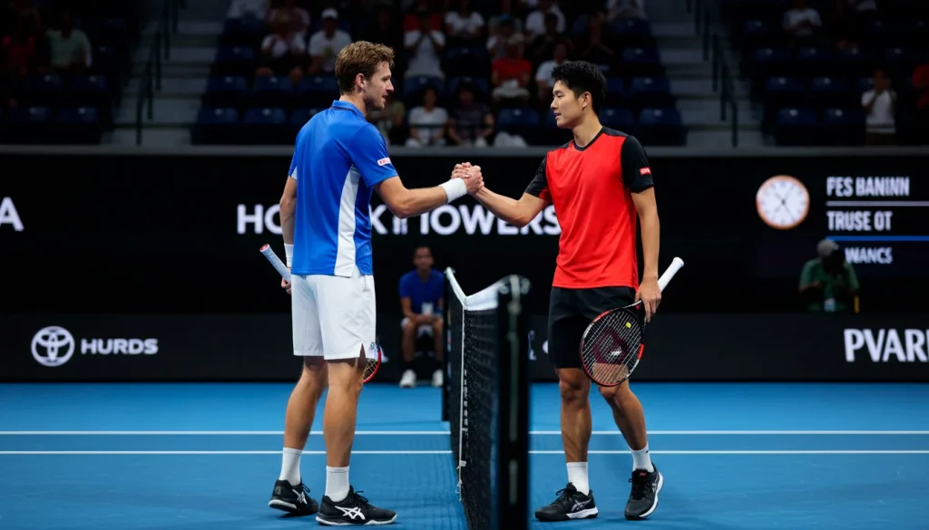 Zwei Tennisspieler stehen sich am Netz gegenüber beim Handschlag nach einem Match