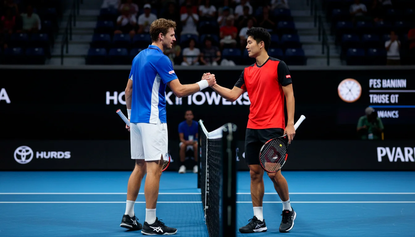 Zwei Tennisspieler stehen sich am Netz gegenüber beim Handschlag nach einem Match