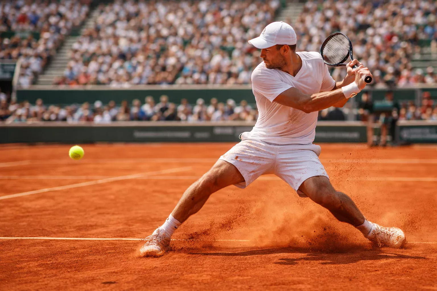 Tennisspieler beim Return-Schlag auf Sandplatz
