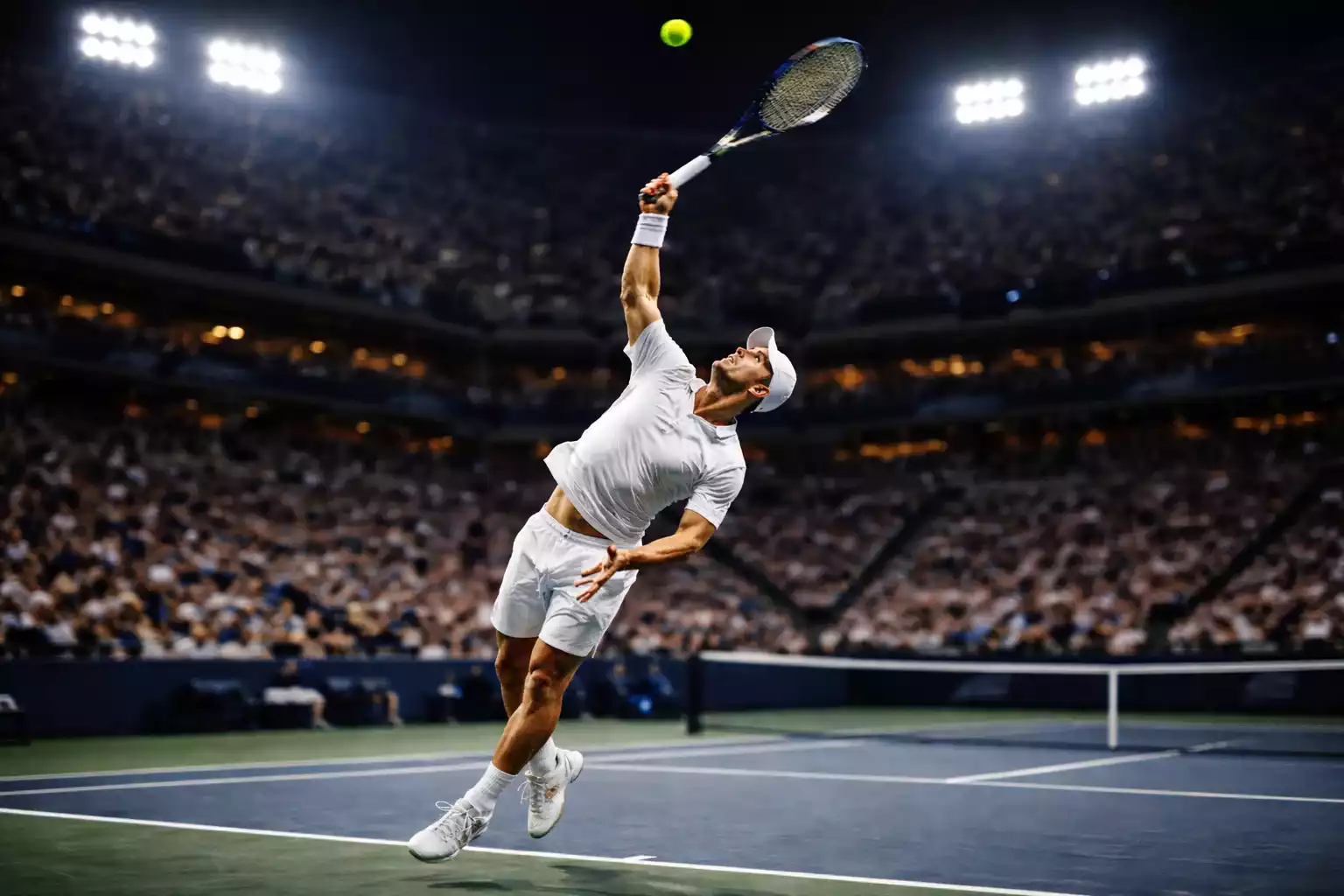 Tennisspieler beim Aufschlag unter Flutlicht bei einem Profi-Match