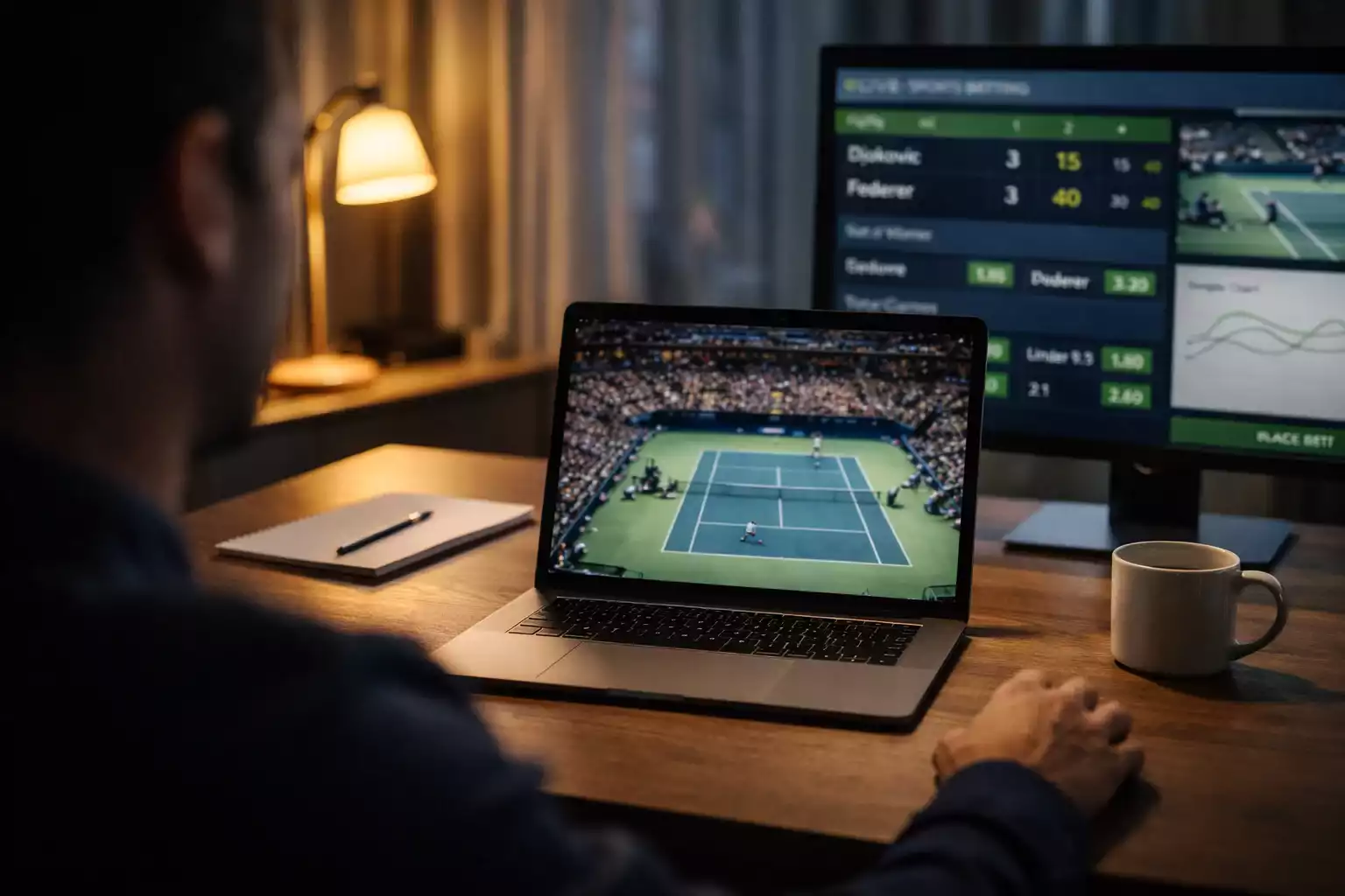Person analysiert Tennismatch auf Laptop mit Statistiken