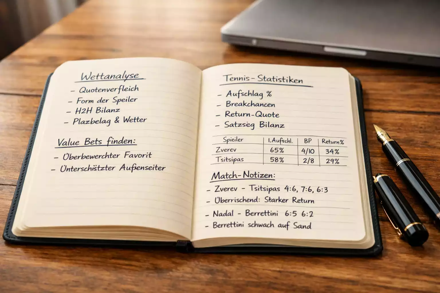 Notizbuch mit handgeschriebenen Wettanalysen und Stift