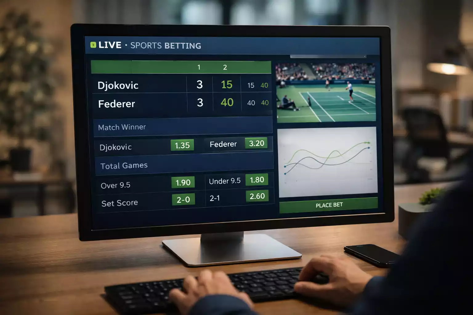 Bildschirm mit Live-Wettquoten für ein Tennismatch