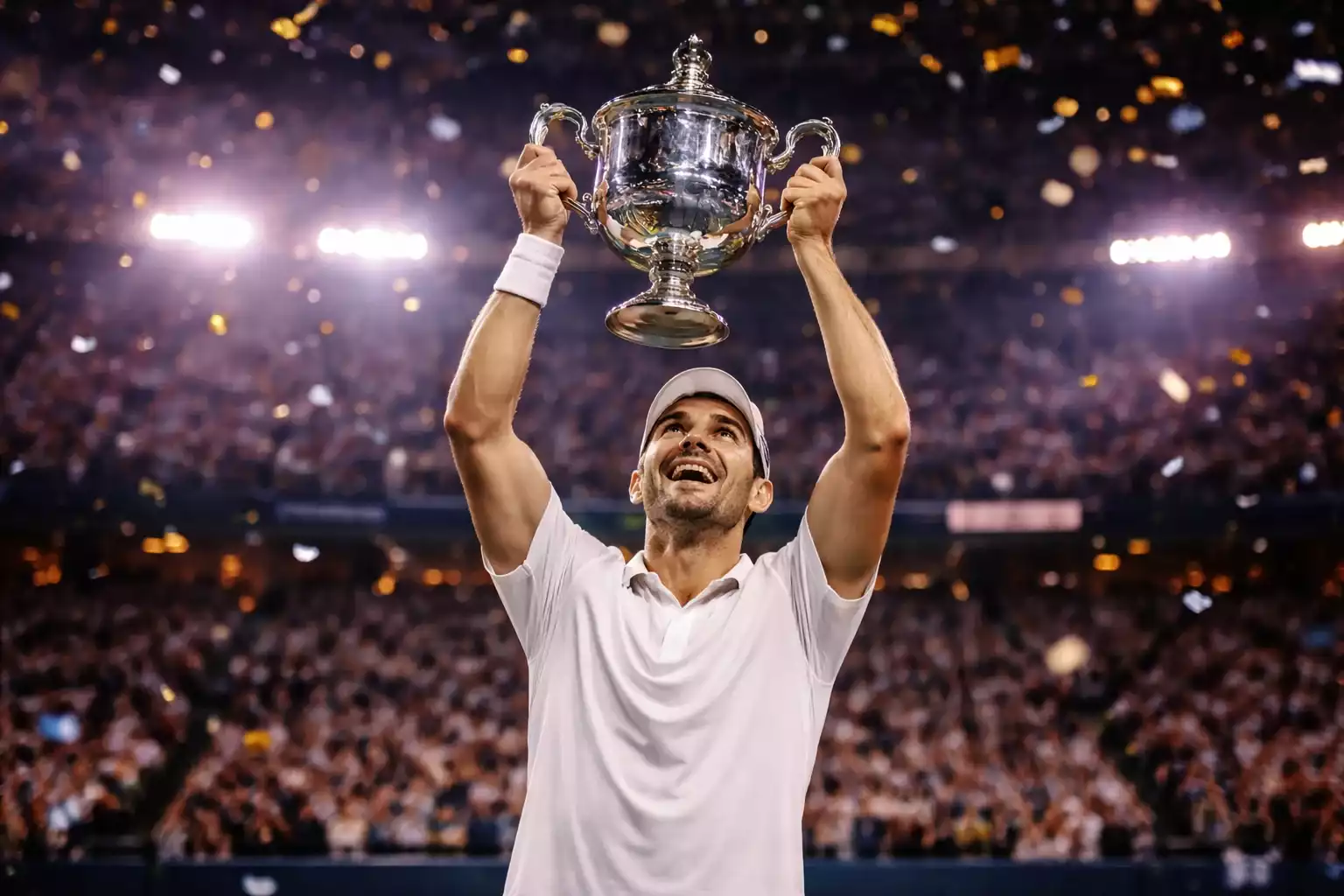 Tennisspieler mit Pokal bei einer Grand Slam Siegerehrung