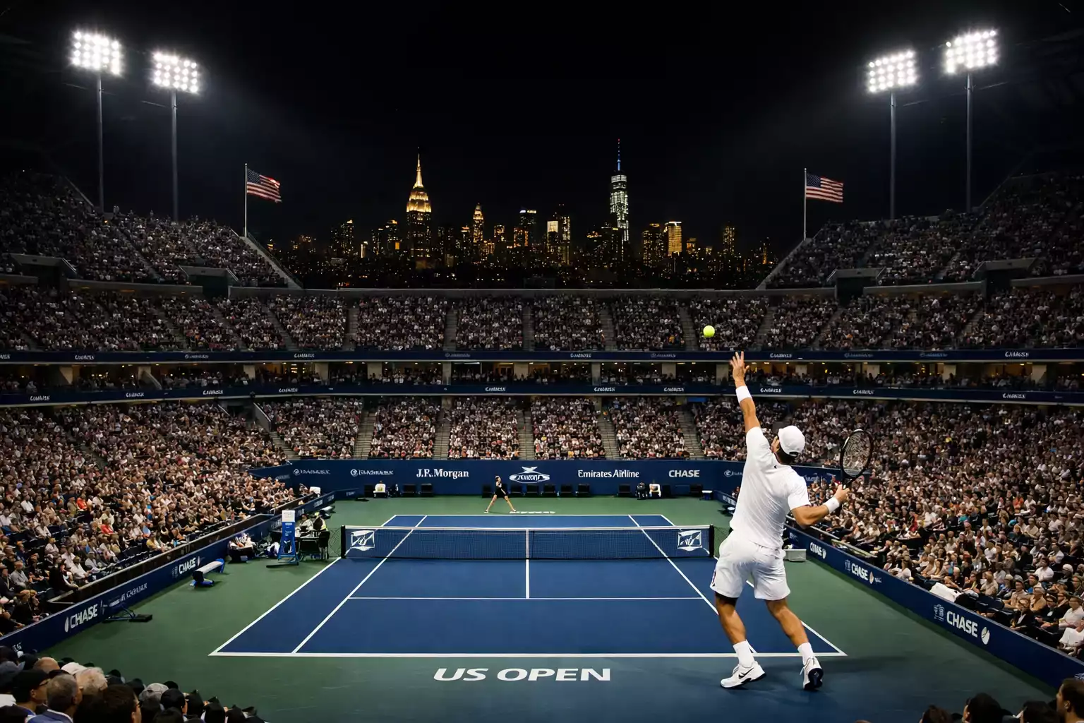 Nachtmatch im Arthur Ashe Stadium mit Flutlicht