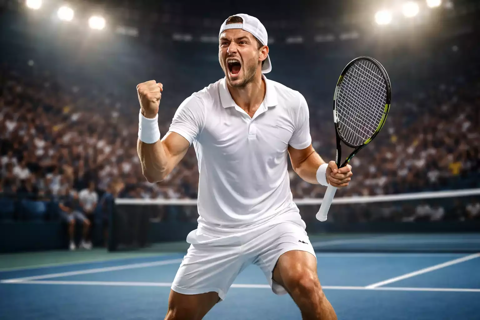 Tennisspieler feiert einen gewonnenen Satz mit geballter Faust