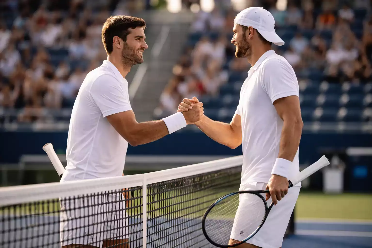 Zwei Tennisspieler beim Handschlag am Netz nach einem Match