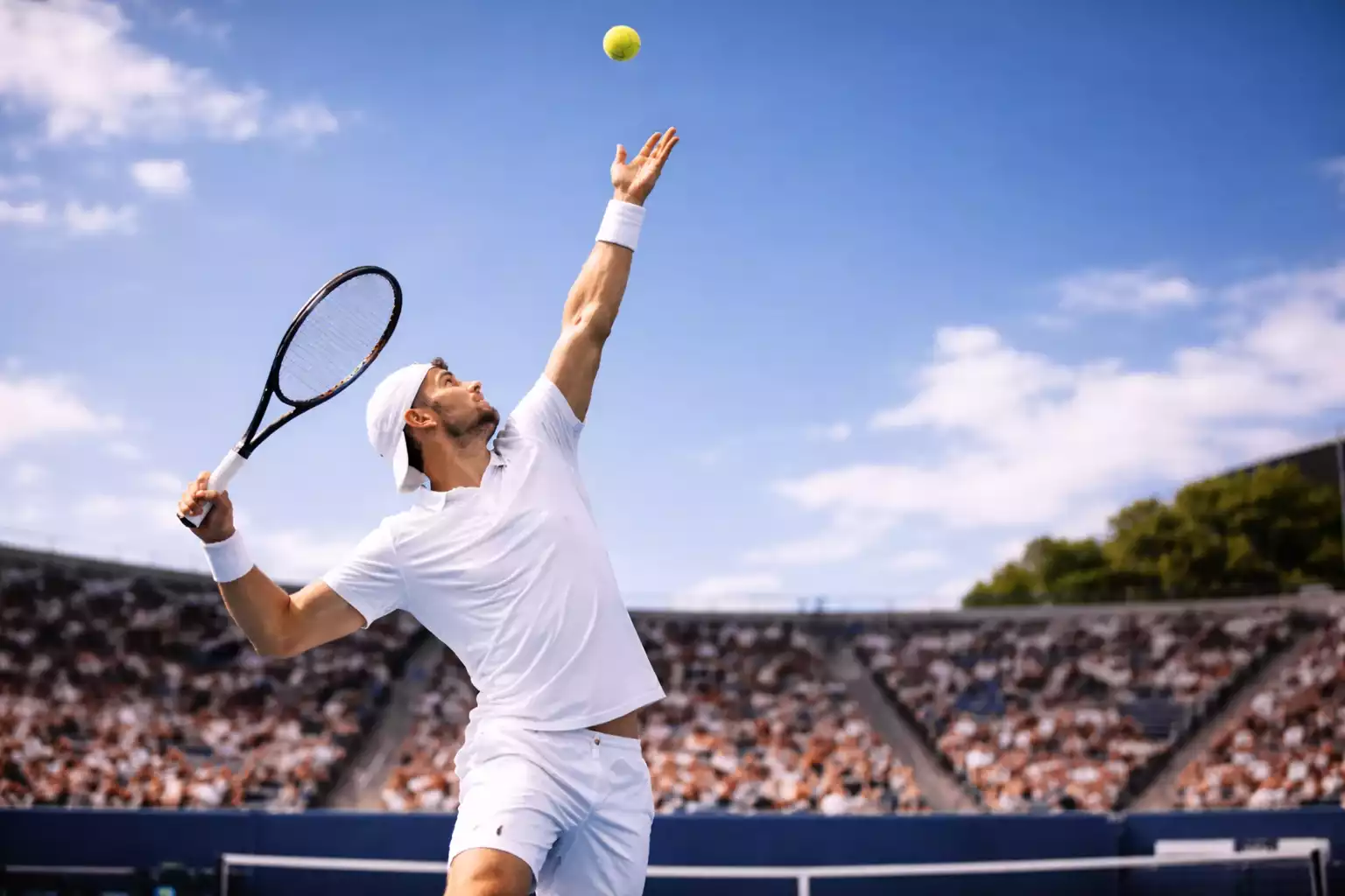 Tennisspieler beim Aufschlag mit hochgeworfener Ball