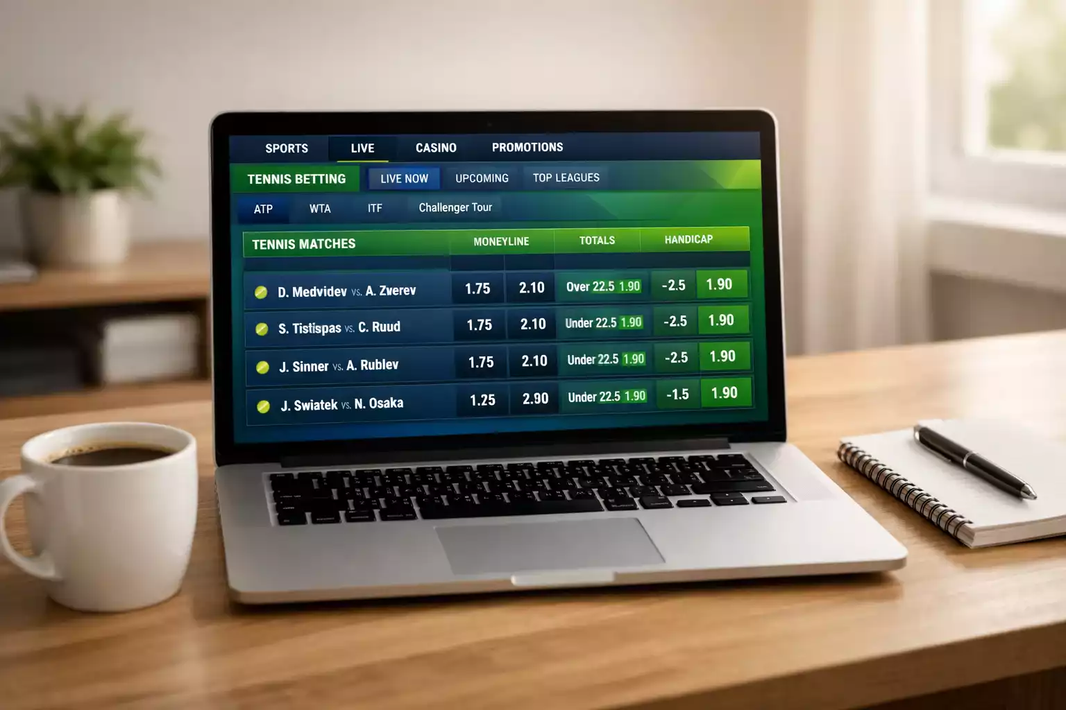 Moderner Laptop mit Sportwetten-Plattform auf einem Schreibtisch