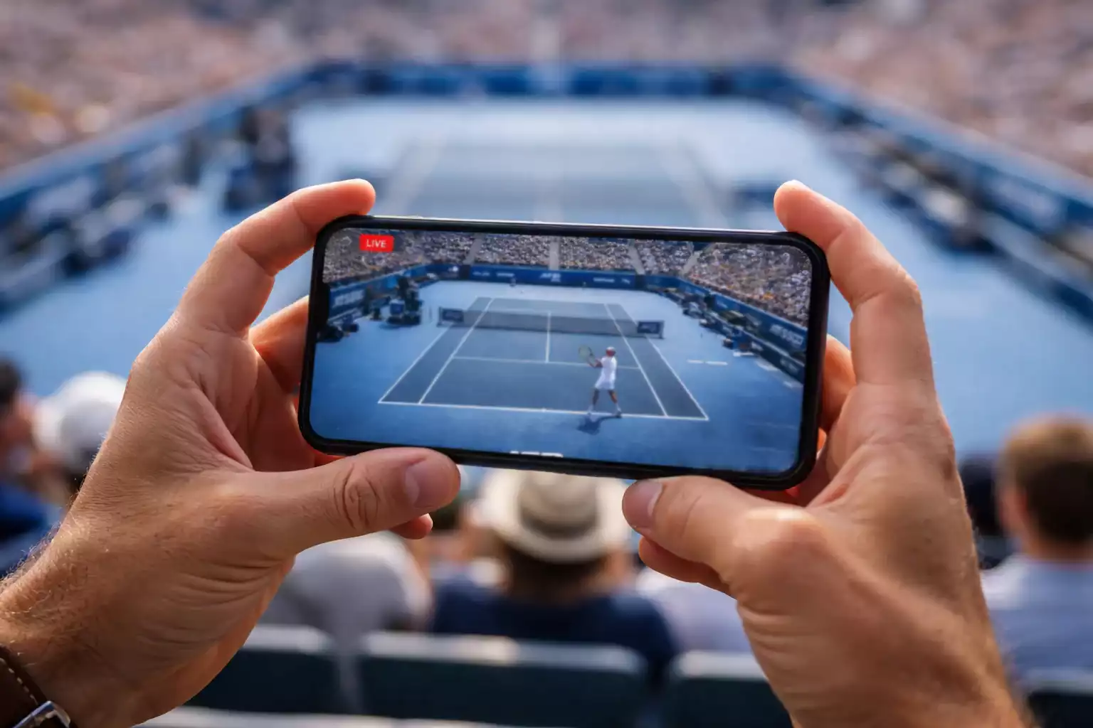 Person schaut Tennismatch auf Smartphone während des Spiels