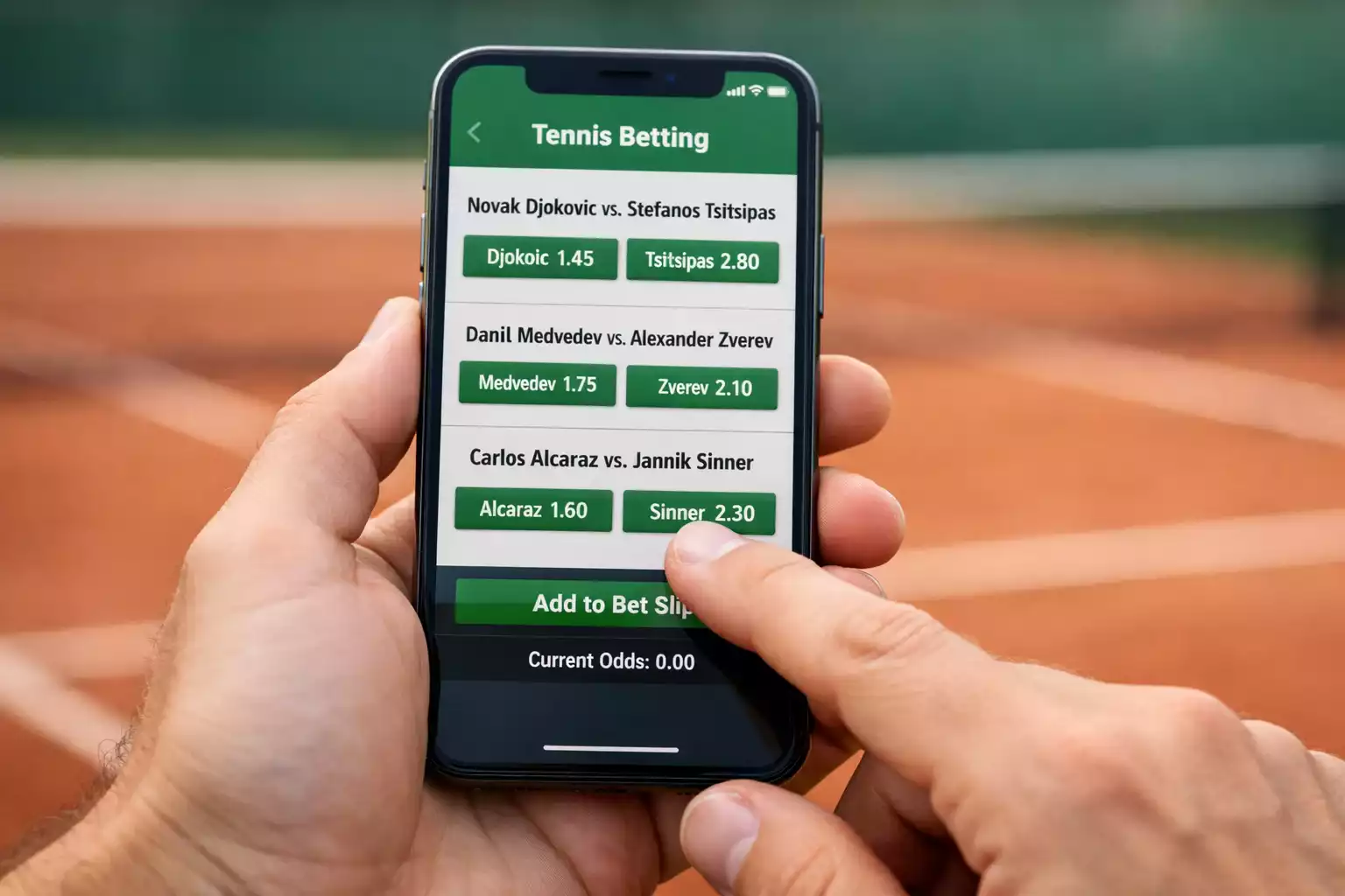 Hand hält Smartphone mit Sportwetten-App auf Tennisplatz