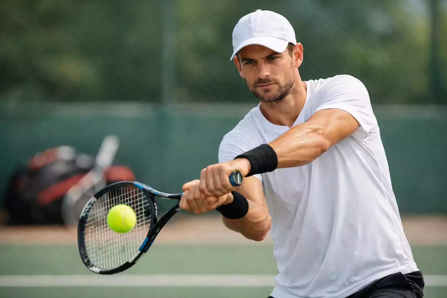Tennisspieler dehnt sich vor einem Match auf dem Platz