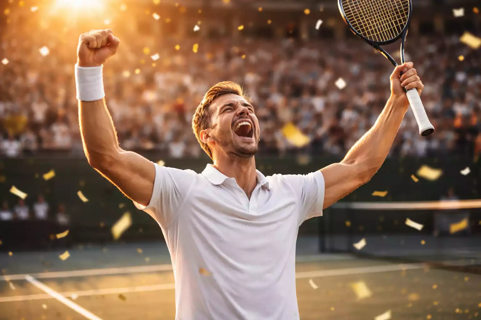 Tennisspieler in Siegerpose nach gewonnenem Match