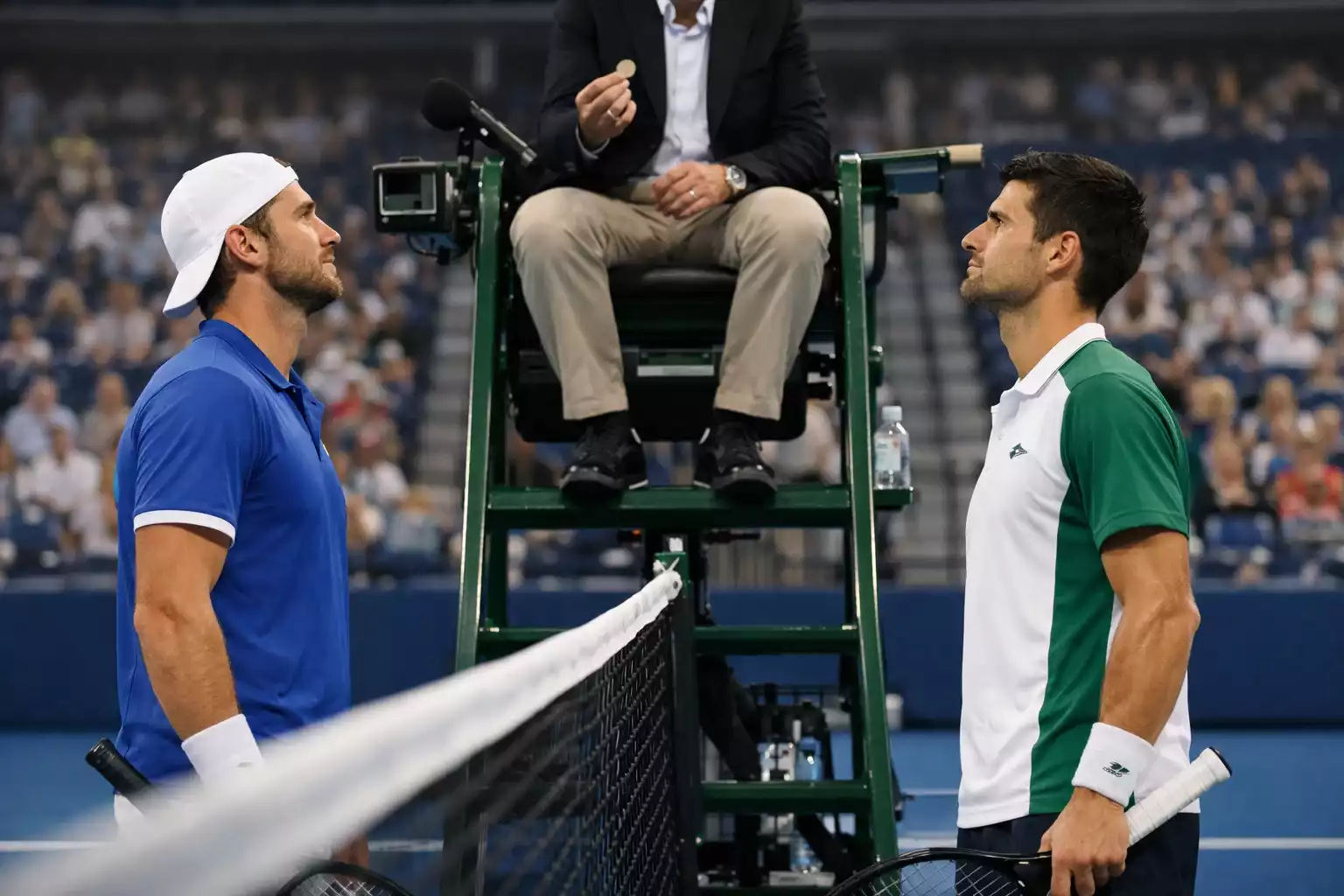 Zwei Tennisspieler am Netz vor dem Münzwurf