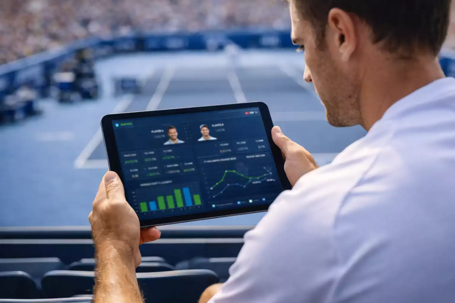Tennisspieler studiert Statistiken auf Tablet am Spielfeldrand