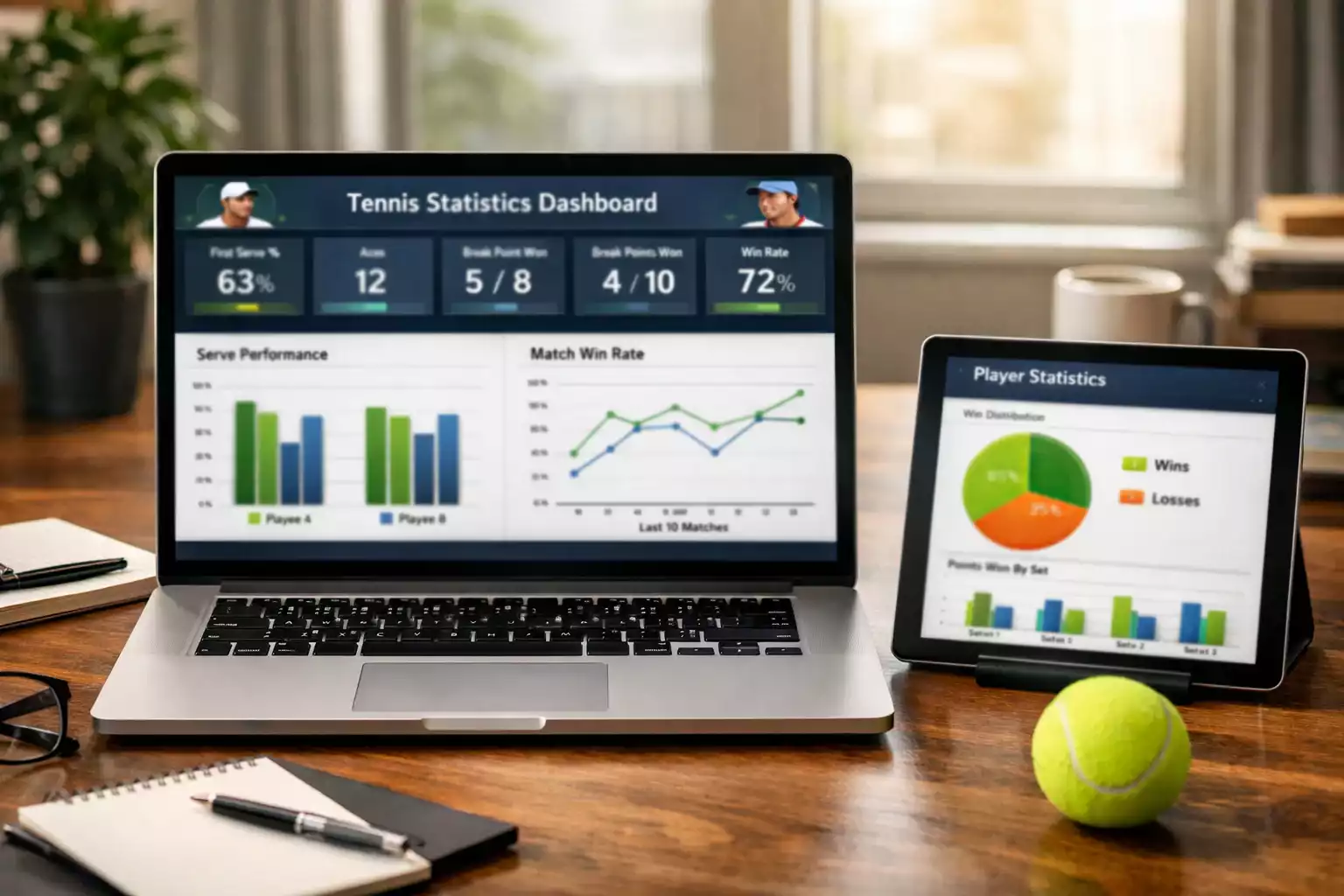 Laptop mit Tennis-Statistik-Dashboard und Datenvisualisierung