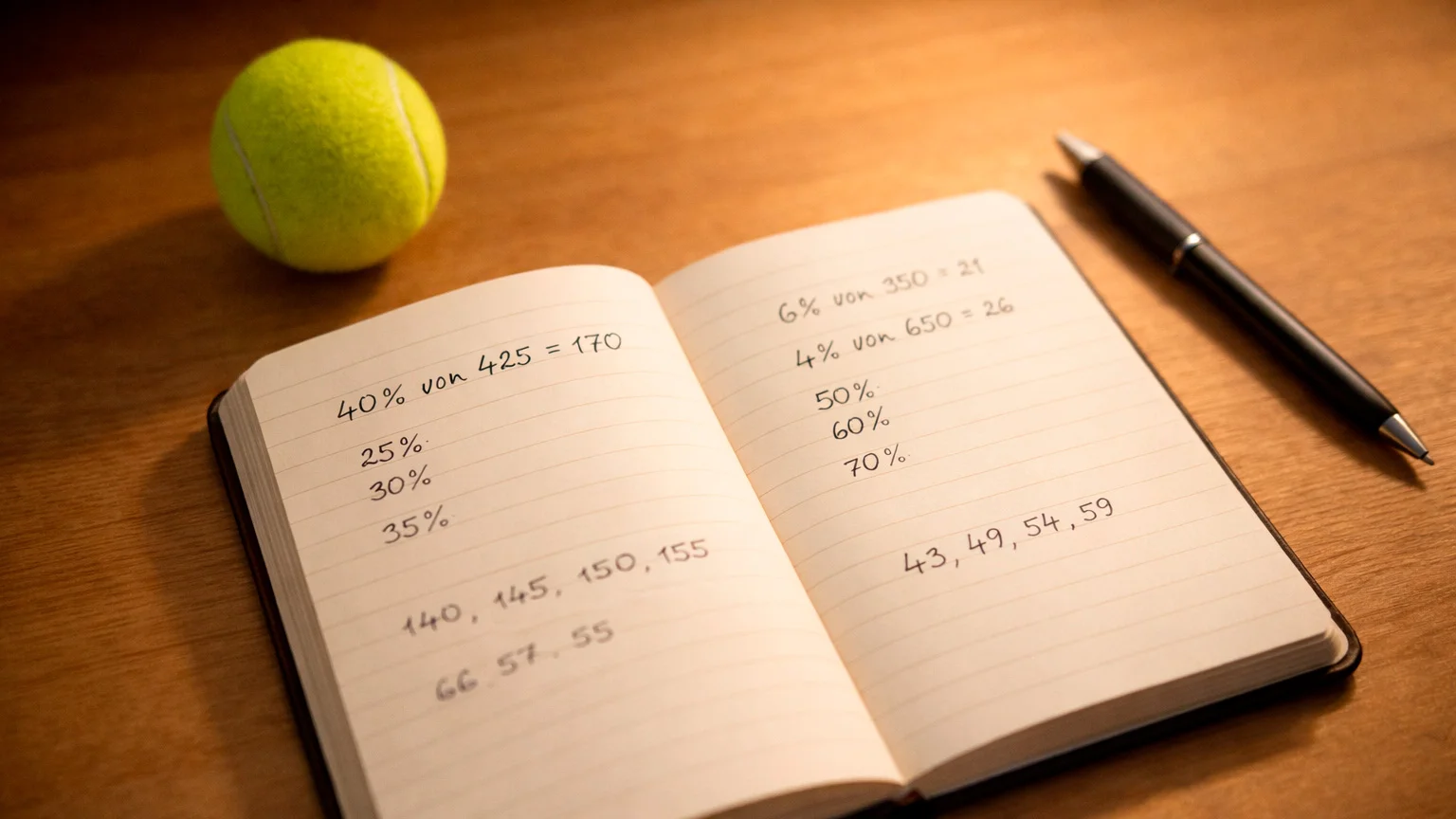 Notizbuch mit handgeschriebenen Berechnungen neben einem Tennisball auf einem Schreibtisch