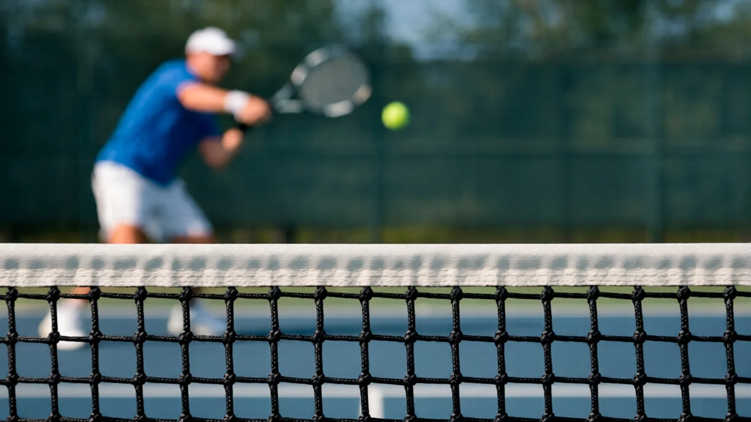 Blick durch das Tennisnetz auf einen Hartplatz mit zwei Spielern während eines Ballwechsels