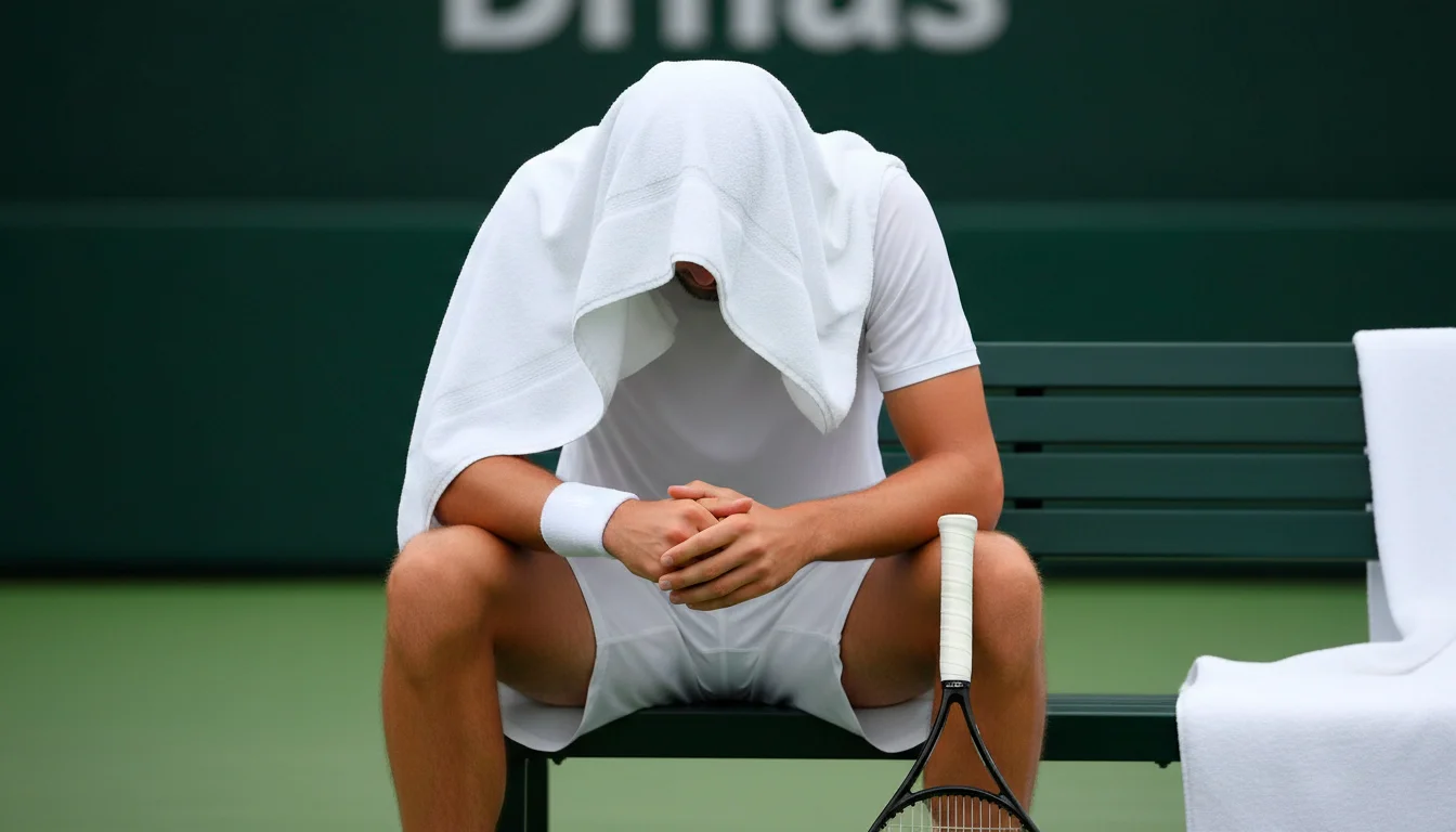 Tennisspieler sitzt nachdenklich auf der Bank am Spielfeldrand mit Handtuch über dem Kopf