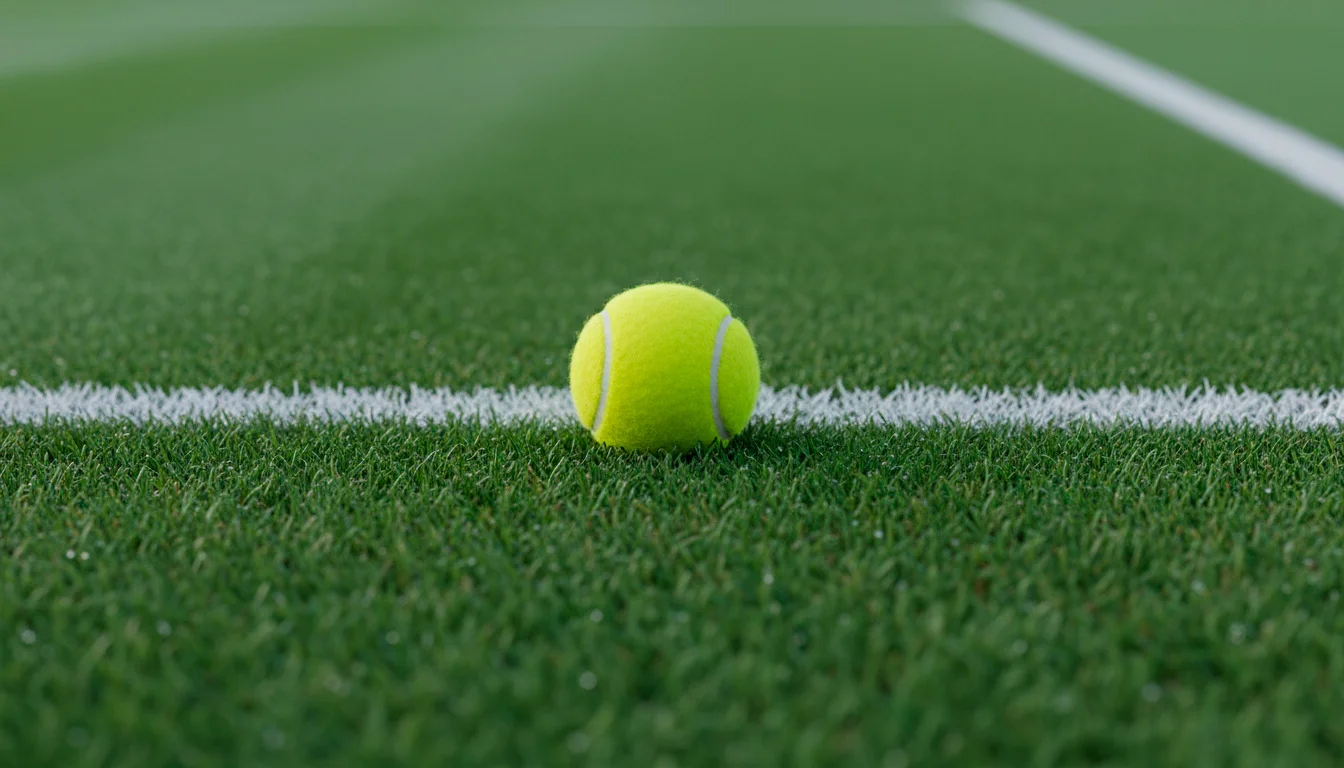 Nahaufnahme eines Tennisballs auf frisch gemähtem grünem Rasen mit weißer Linie eines Tennisplatzes
