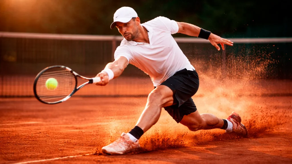 Tennisspieler gleitet auf rotem Sandplatz zum Ball mit aufwirbelndem Sandstaub im Gegenlicht