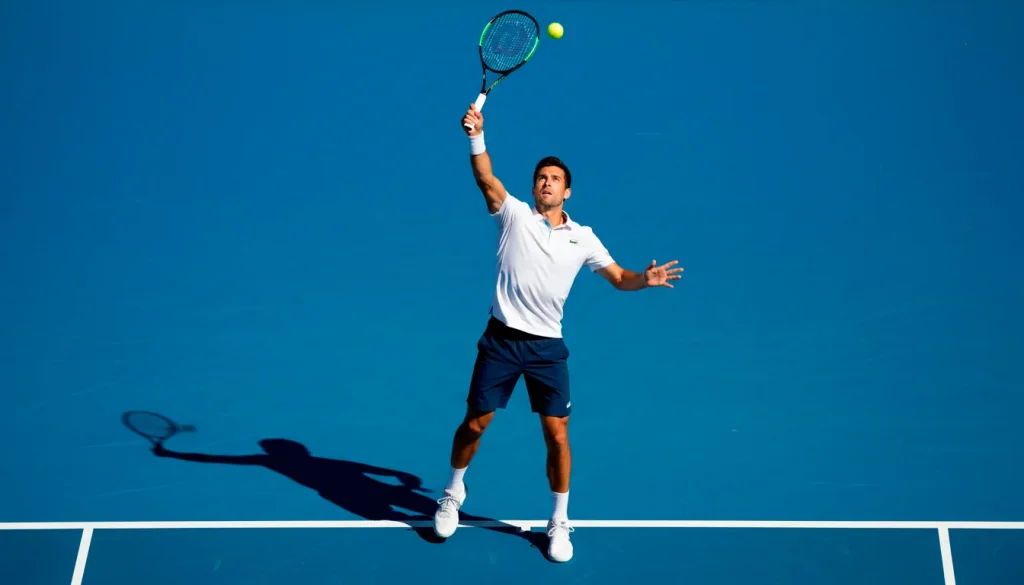 Tennisspieler beim kraftvollen Aufschlag auf einem Hartplatz mit Fokus auf den Ballkontakt