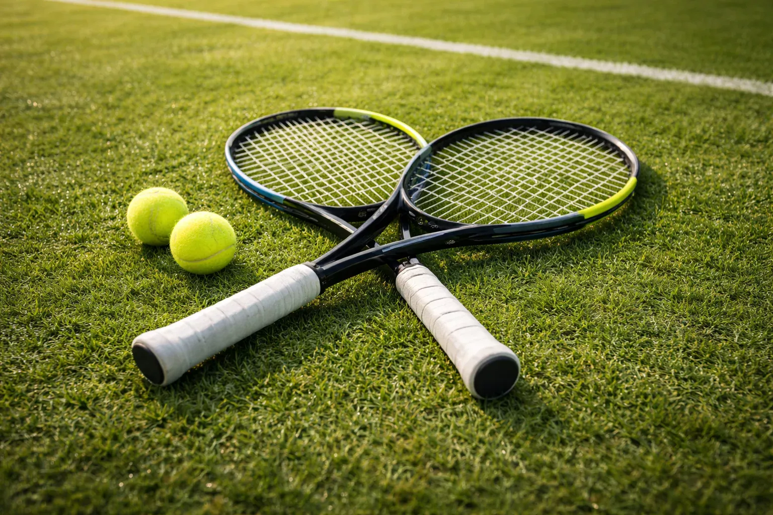 Tennisschläger und Bälle auf einem Rasenplatz