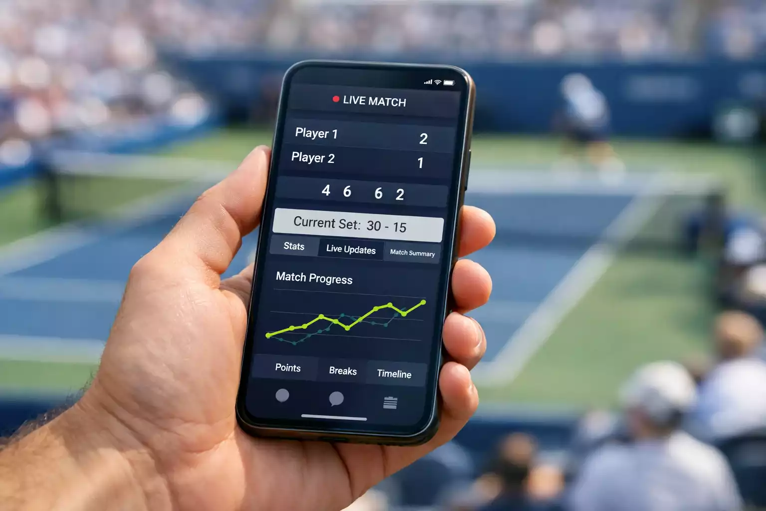 Hand hält Smartphone mit Sport-App während eines Tennismatches im Hintergrund