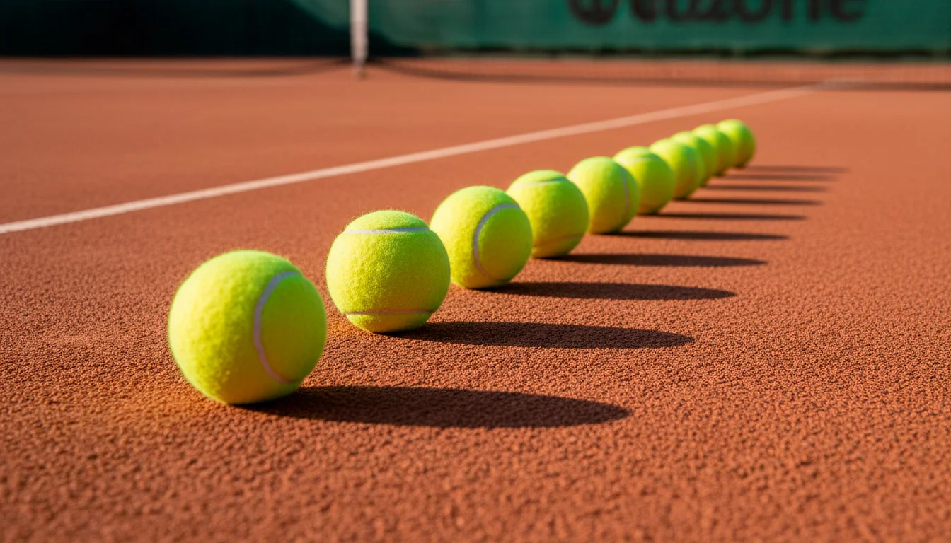 Mehrere Tennisbälle auf einem Tennisplatz nebeneinander angeordnet als Symbol für Kombination