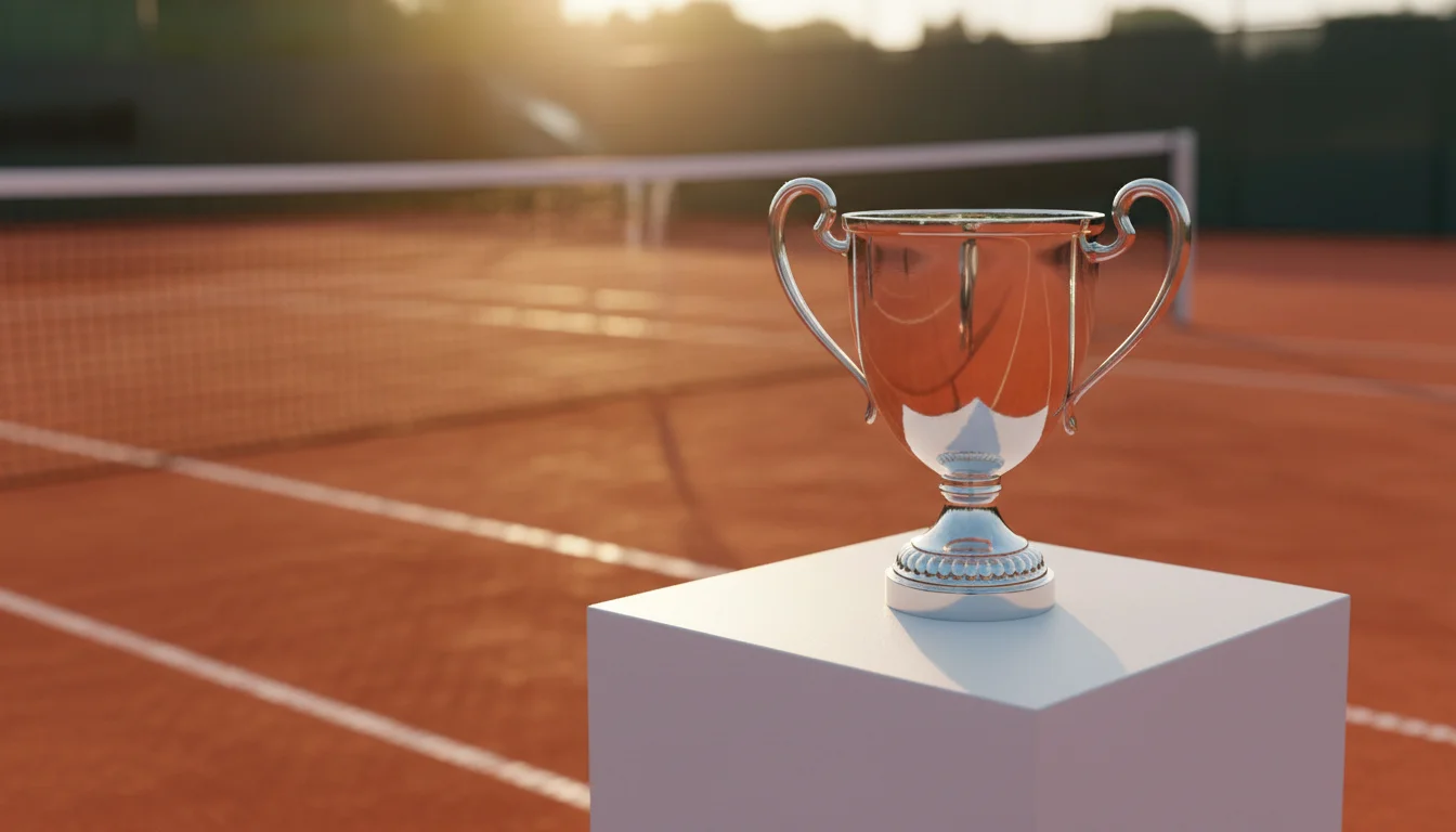 Tennispokal auf einem Podest neben einem Tennisplatz im goldenen Abendlicht