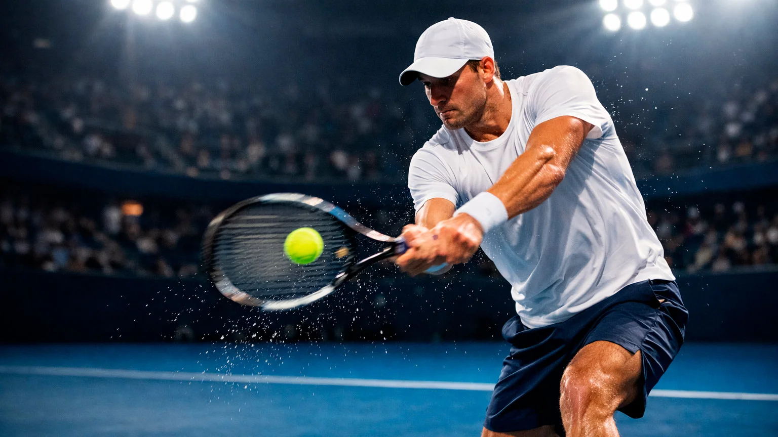 Tennisspieler in dynamischer Bewegung beim Return auf einem beleuchteten Hartplatz bei Abendspiel