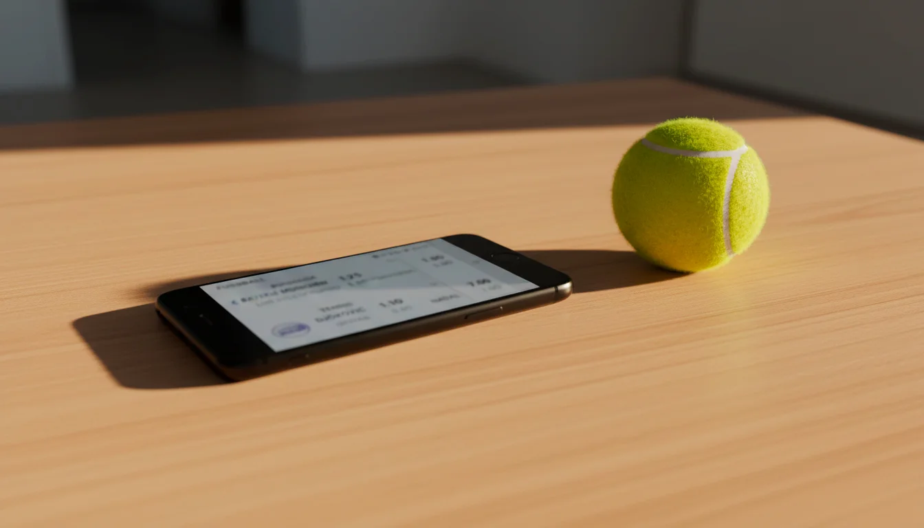 Nahaufnahme eines Smartphones mit Sportwetten-Quoten neben einem Tennisball auf einem Tisch
