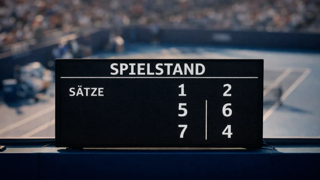 Anzeigetafel eines Tennismatches mit Satzergebnis bei einem professionellen Turnier