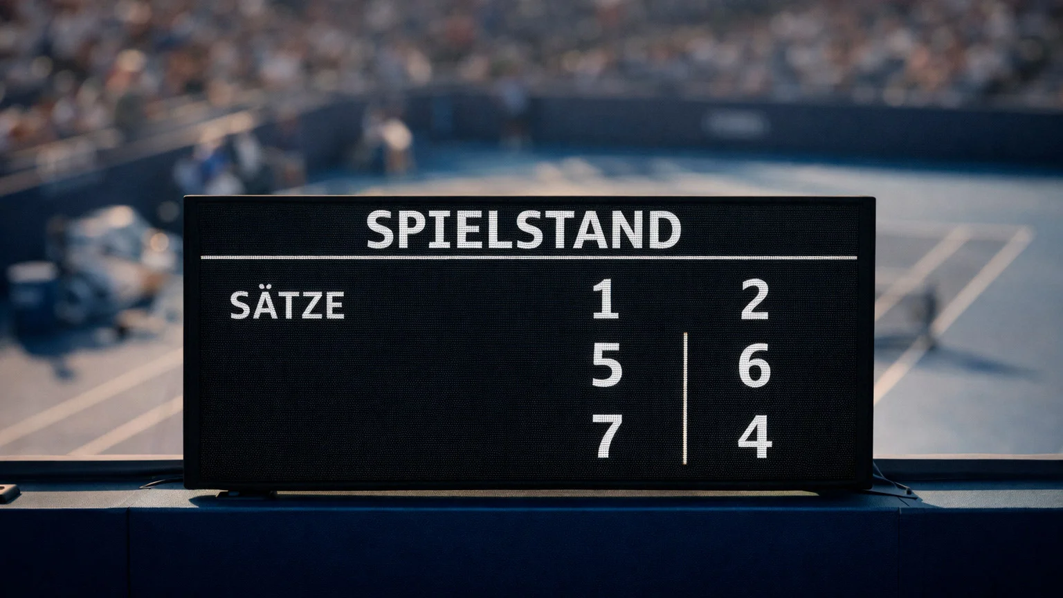 Anzeigetafel eines Tennismatches mit Satzergebnis bei einem professionellen Turnier
