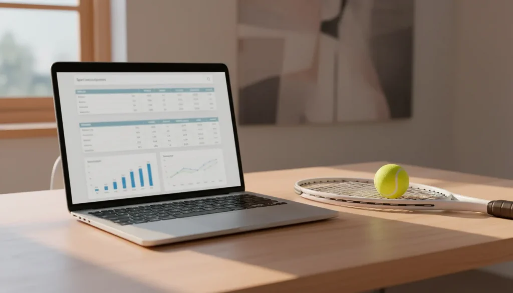 Laptop mit Tennisstatistiken auf dem Bildschirm neben einem Tennisschläger auf einem Schreibtisch
