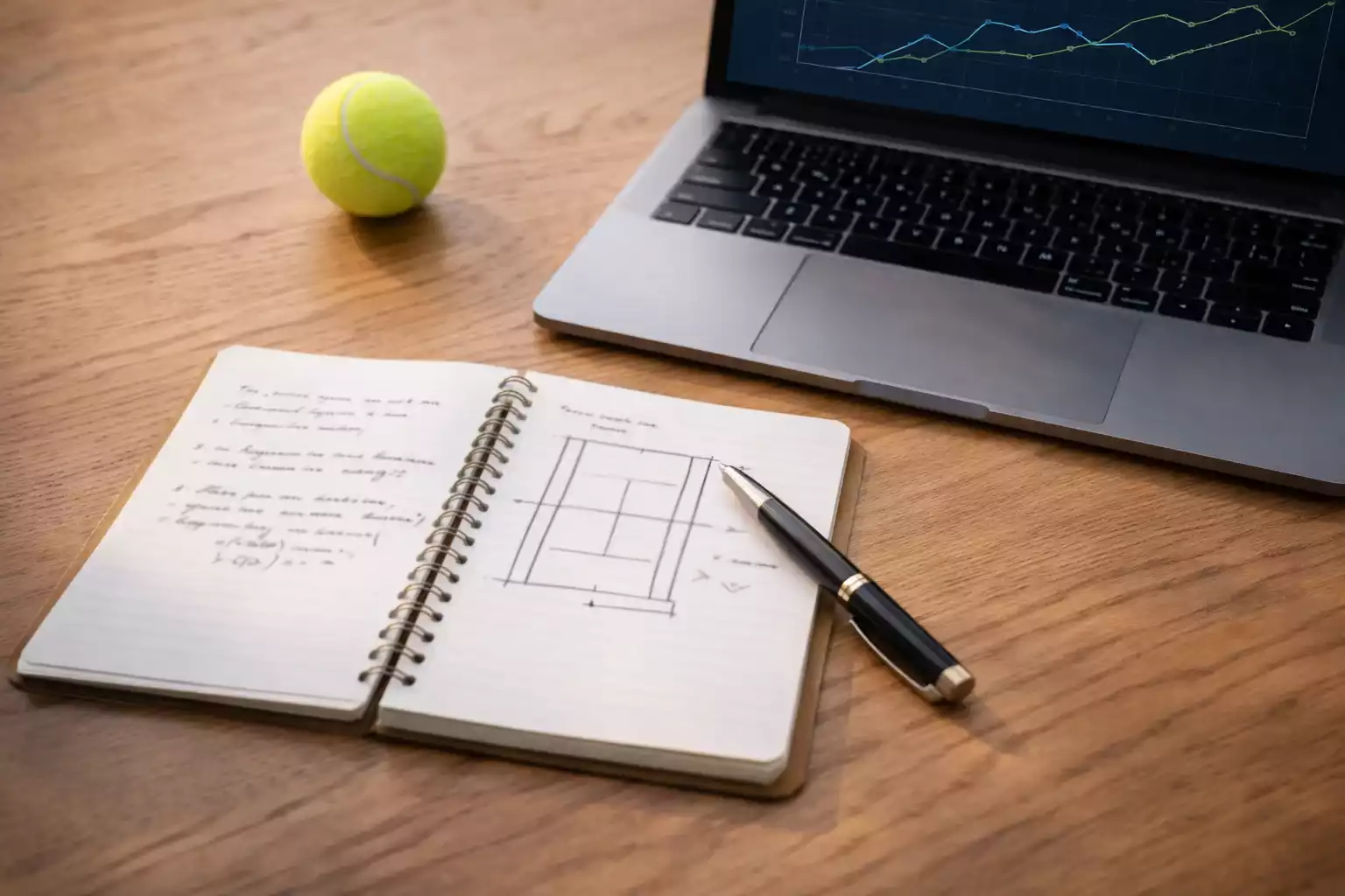 Notizbuch mit Stift und Tennis-Notizen neben einem Laptop