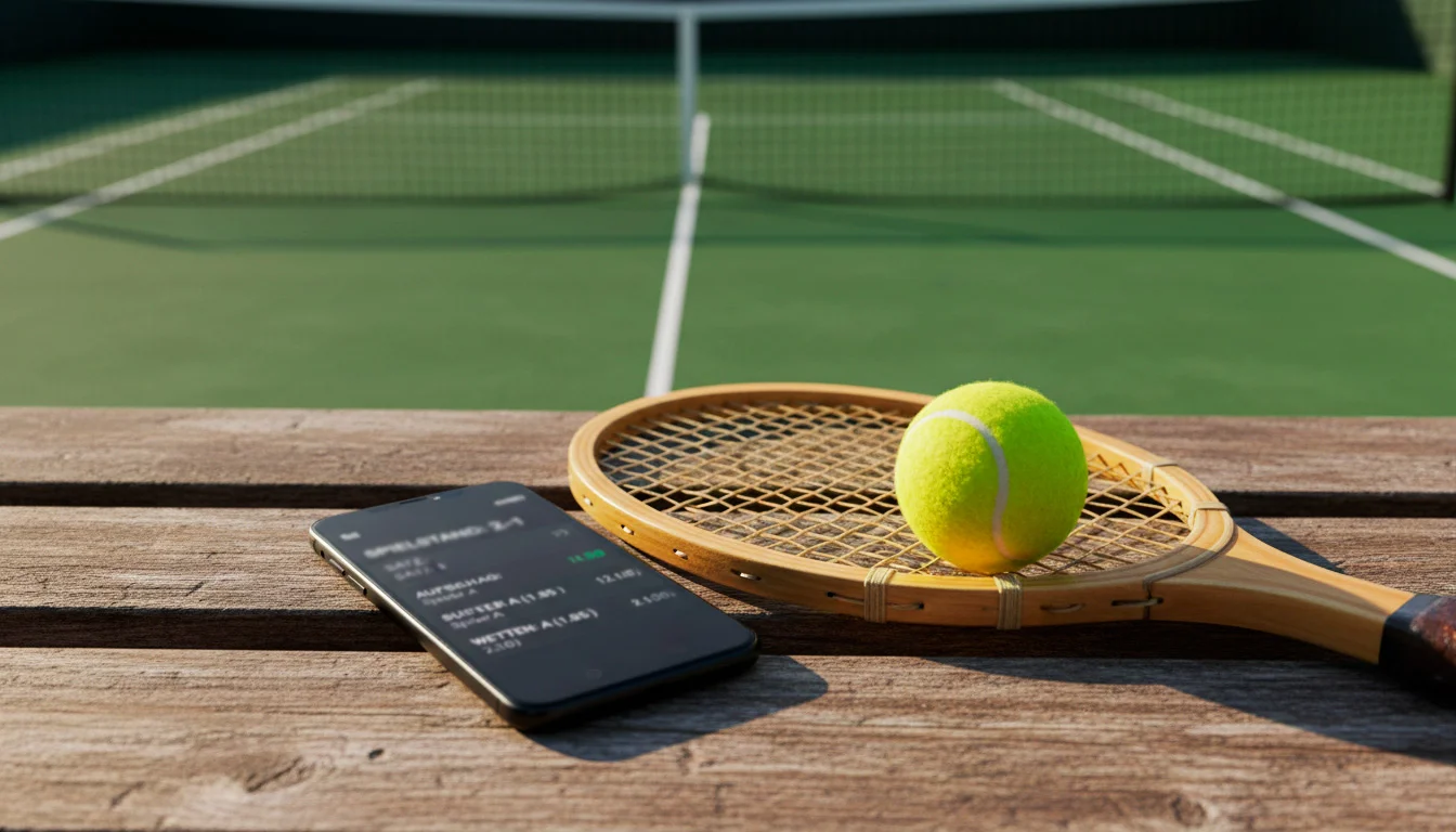 Smartphone mit Sportwetten-Anzeige neben einem Tennisschläger auf einer Holzbank