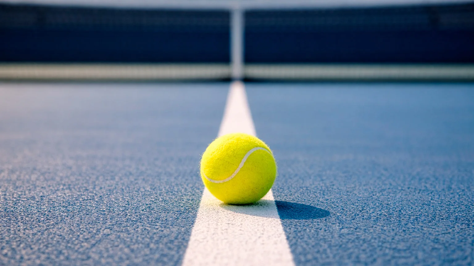 Tennisball auf der Mittellinie eines Tennisplatzes mit Netz im Hintergrund bei Tageslicht
